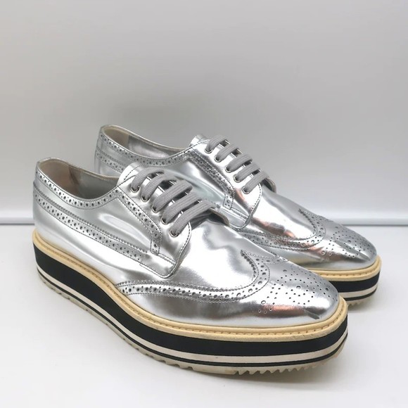 Prada Shoes - Prada Platform Wingtip Brogues Silver Metallic Leather Size 41